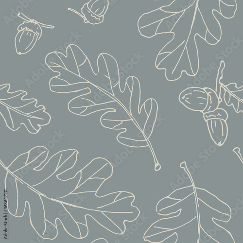 Warm gray oak outline leaves and acorns in cold gray background. Seamless vector pattern
