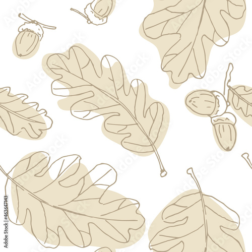 Beige oak outline leaves and acorns in white background. Seamless vector pattern