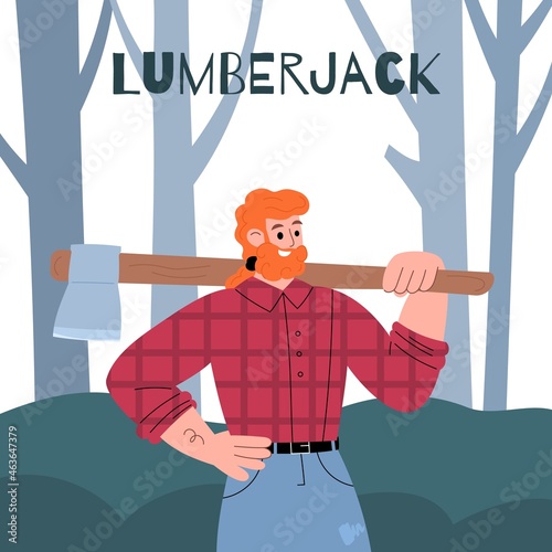 Bearded lumberjack holding ax on his shoulder in forest in flat illustration