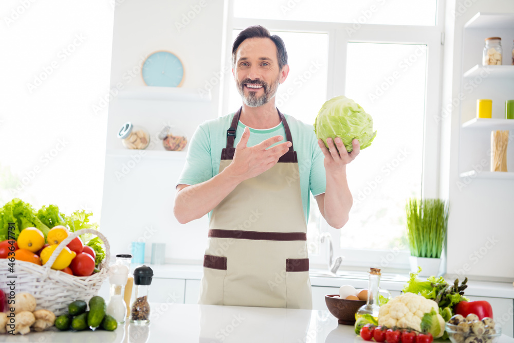 Photo of handsome mature man showing fresh natural cabbage wear apron blue t-shirt home kitchen indoors Photo of handsome mature man showing fresh natural cabbage wear apron blue t-shirt home kitchen indoors
