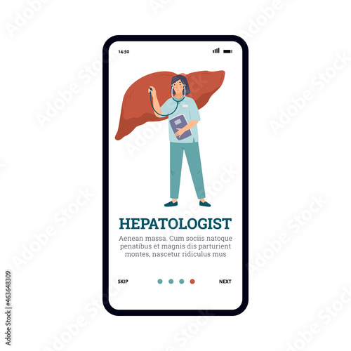 Onboarding screen with doctor hepatologist or gastroenterologist examines liver