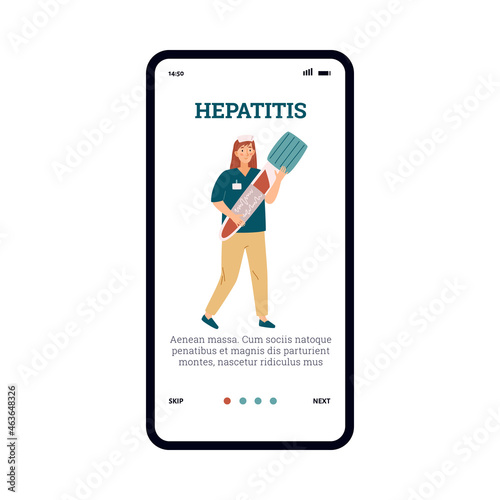 Screen with concept of viral hepatitis with nurse carrying test tube of blood