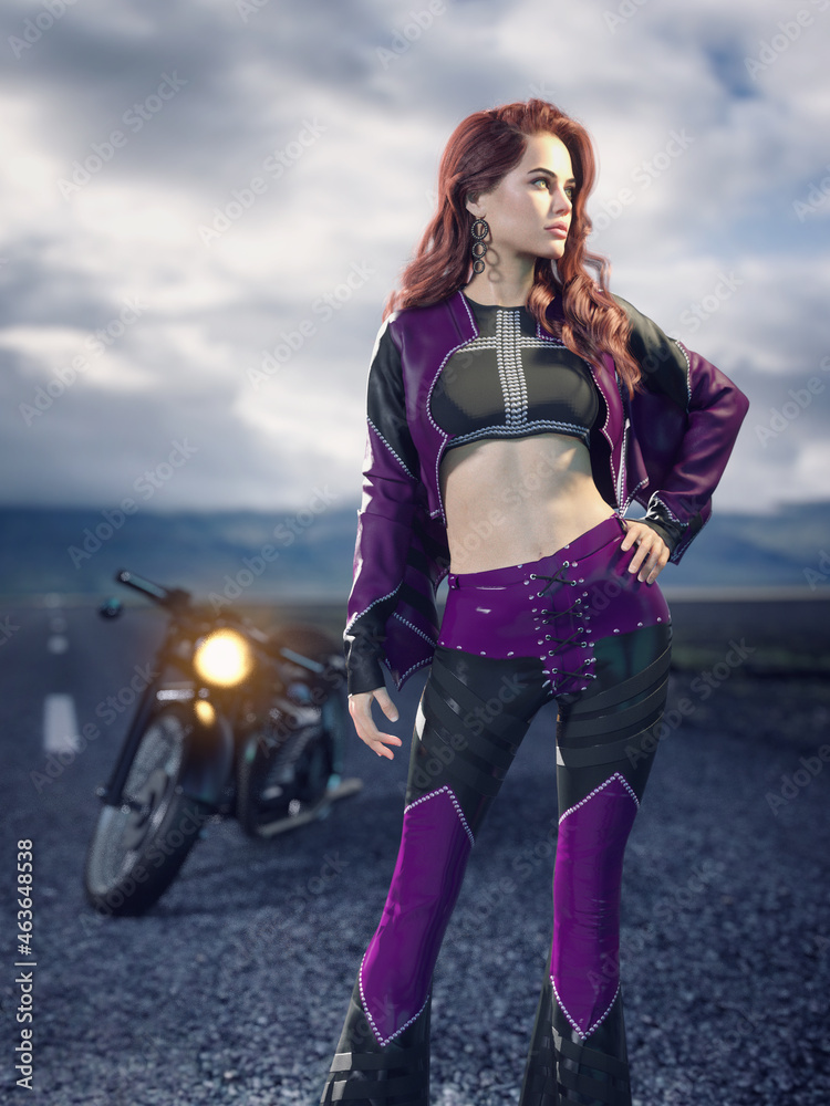 Obraz premium A 3d digital render of a woman wearing purple leather standing in front of a vintage motorcycle on an long empty road in the country.