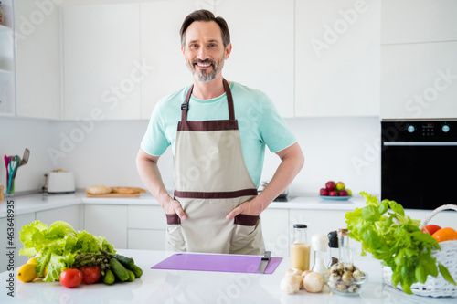 Photo of handsome mature bearded man hands pockets wear kitchenware apron in kitchen apartment indoors