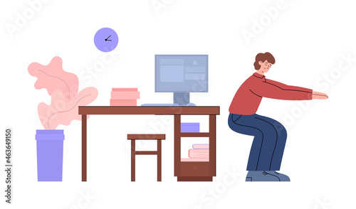 Office worker breaks for sport workout, flat vector illustration isolated.