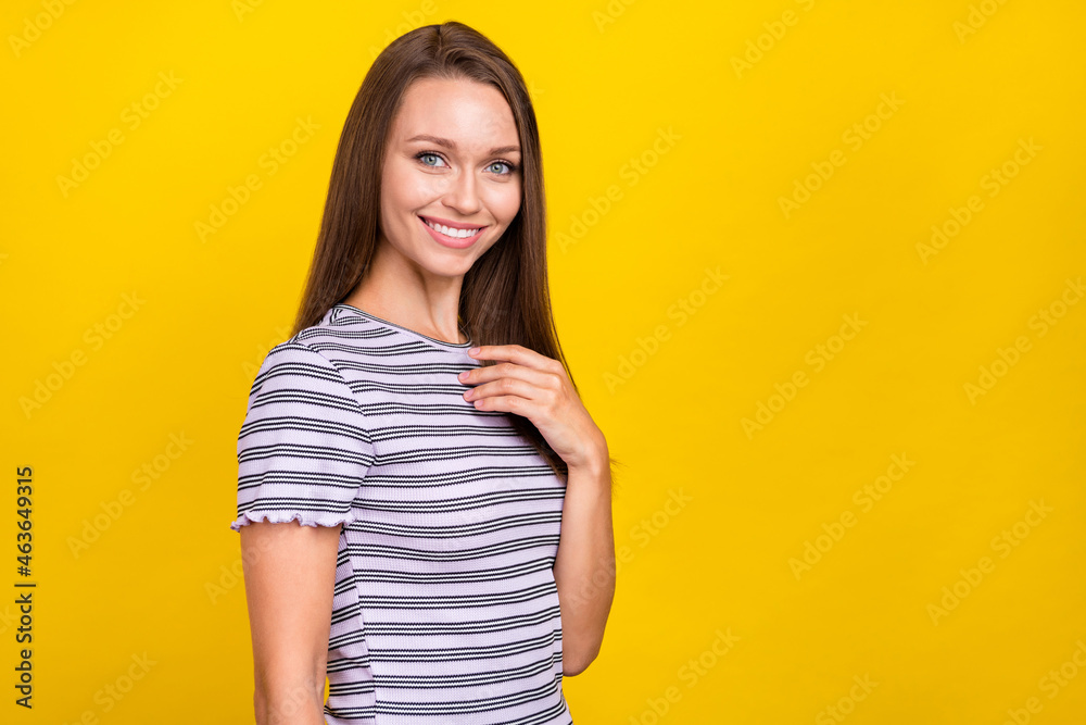 Photo of attractive nice joyful charming positive woman good mood enjoy isolated on yellow color background Photo of attractive nice joyful charming positive woman good mood enjoy isolated on yellow color background
