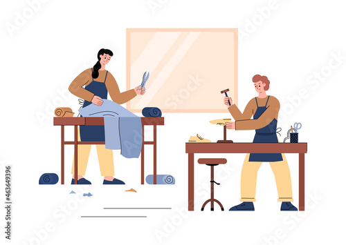 Shoe making workshop in flat vector illustration isolated on white.