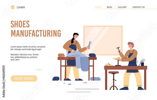 Shoe manufacturing web banner in workshop in flat vector illustration isolated