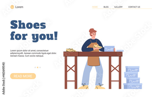 Web banner for production of shoes with shoemaker packing shoes into boxes.