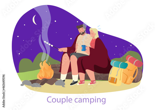 Evening by campfire. Young couple roasts souffle on fire and communicates. Happy man and woman arranged hike in mountains or forest. Cartoon flat vector illustration isolated on white background