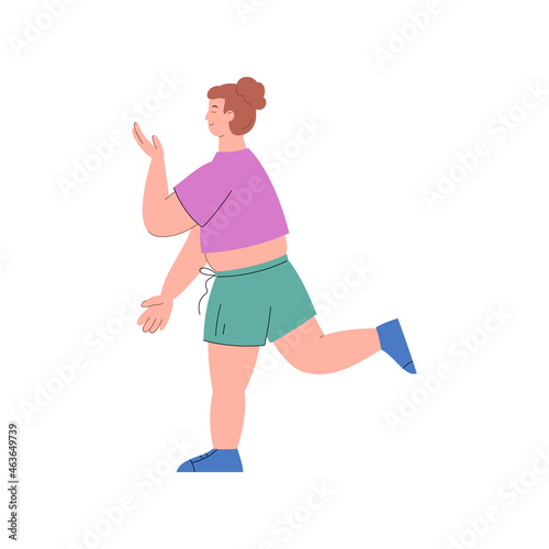 Overweight woman running in flat vector illustration isolated on white background.