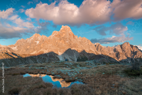 Alpine landscape, Pale di San Martino Group, Trentino Alto Adige, Italy. Amazing Dolomiti mountains during sunset. Unesco world heritage. Autumn or summer time, hiking in mountains.