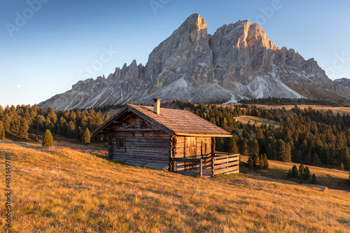 Alpine landscape - wooden cabin circled by trees in Dolomite mountains, Southern Tyrol area. Popular travel destination. Fantastic view of Peitlerkofel mountain from Passo delle Erbe in Dolomites
