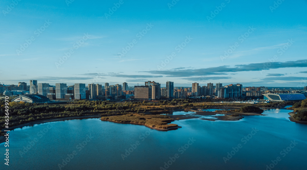 Fototapeta premium Residential neighborhoods of a Russian city. Residential areas with high-rise buildings in Kazan, Tatarstan.