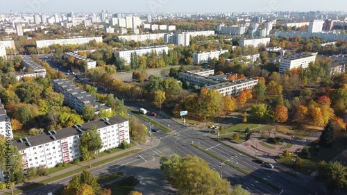 Flight over the Soviet city. Autumn in the city