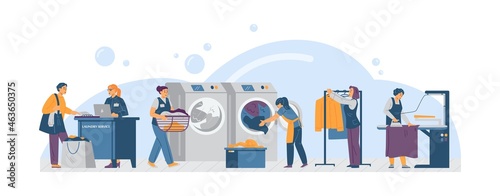 Professional laundry workers washing and ironing, vector illustration isolated.
