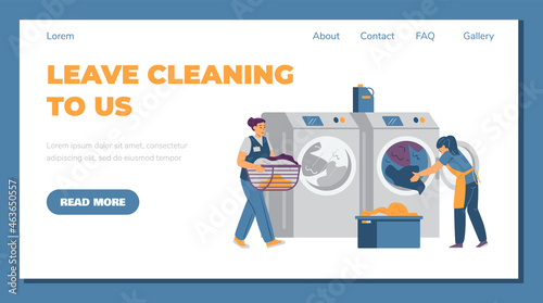 Laundry website or presentation page mockup, flat vector illustration.