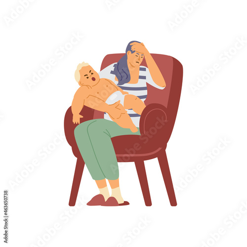 Upset tired mom sitting in chair holding crying baby in her arms in flat vector