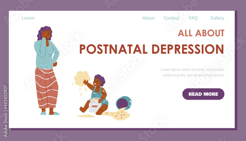 Banner concept with tired mom who is experiencing stress, postpartum depression