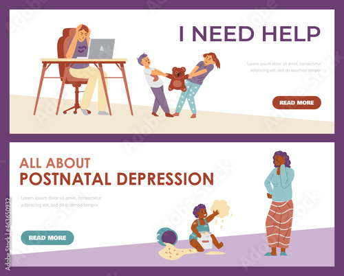 Set of web banners with concept of maternal depression, constant stress