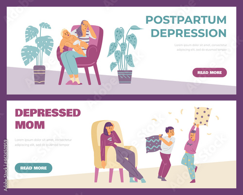 Set of banners with concept of tired mom in stress, postpartum depression
