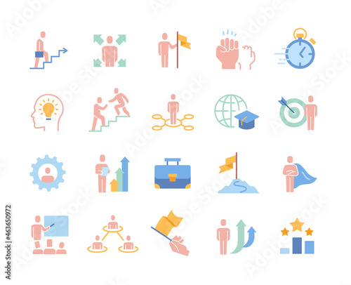 Colorful business icons. Collection of stickers with entrepreneurs, partners, business coaches, commitment. Design elements for websites and app. Cartoon flat vector set isolated on white background