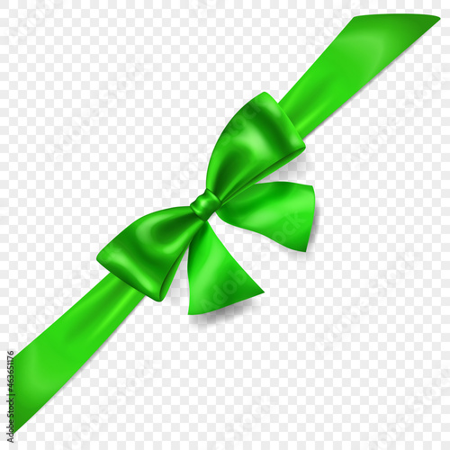 Beautiful green bow with diagonally ribbon with shadow, isolated on transparent background. Transparency only in vector format