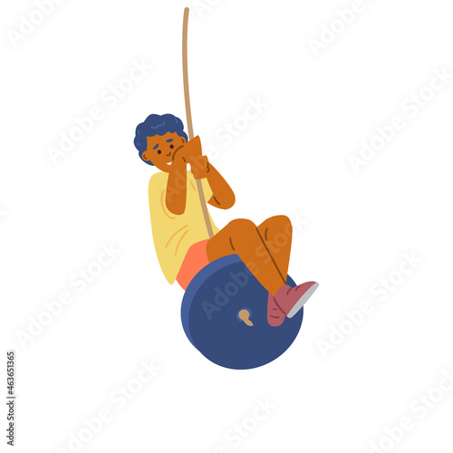African boy swinging on bungee sitting on wheel in flat vector illustration