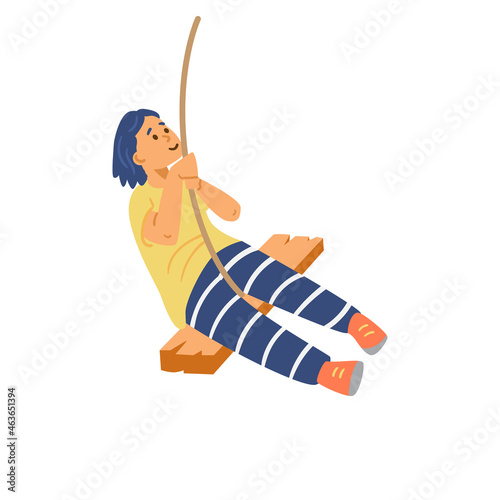 Boy swinging on homemade bungee, holding tight to rope in flat illustration