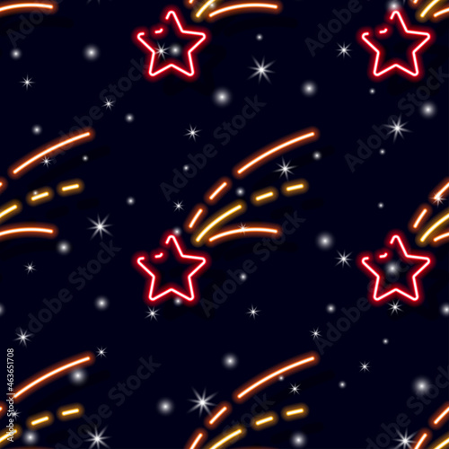 Star neon seamless pattern. Vector background for design, cards, fabrics, invitations, advertising, website, store, signboards. New Year and Christmas concept.