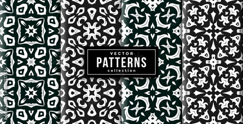 pattern ornament style green and black colors set of four. seamless background set