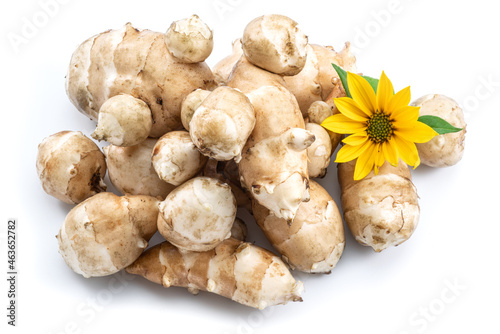 Jerusalem artichoke roots with leaves and flower of Jerusalem artichoke isolated on white background.