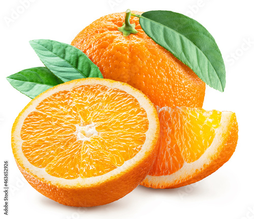 Orange fruits and orange slice with green leaves on white background. File contains clipping path. photo