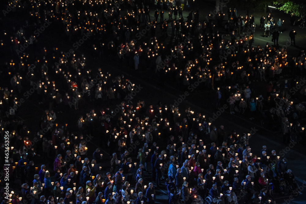 Lourdes, France - 9 Oct 2021: Pilgrims attend the Marian Torchlight ...