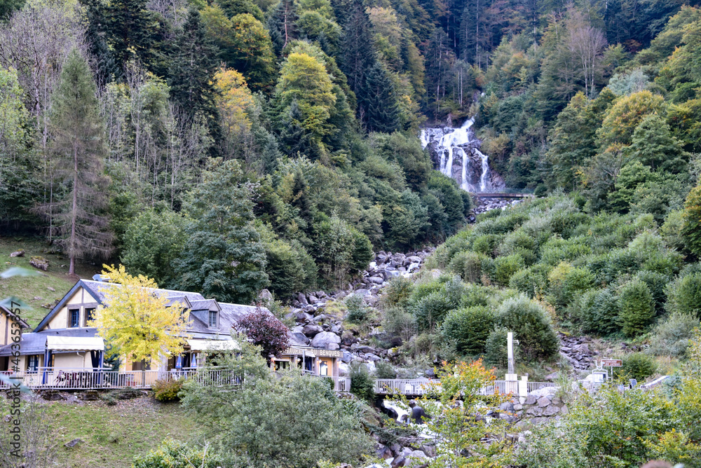 Cauterets, France - 10 Oct 2021: Waterfalls cascade from the Pyrenees mountains near La Raillere springs