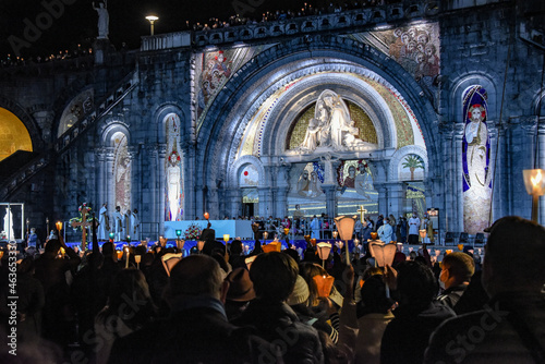 Принти на полотні Lourdes, France - 9 Oct 2021: Pilgrims attend the Marian Torchlight Procession s