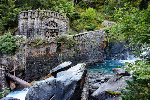 Cauterets, France - 10 Oct 2021: Waterfalls cascade from the Pyrenees mountains near La Raillere springs photo