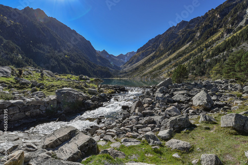 Cauterets, France - 10 Oct 2021: Turqoise waters of the Lac de Gaube in the Pyrenees National Park