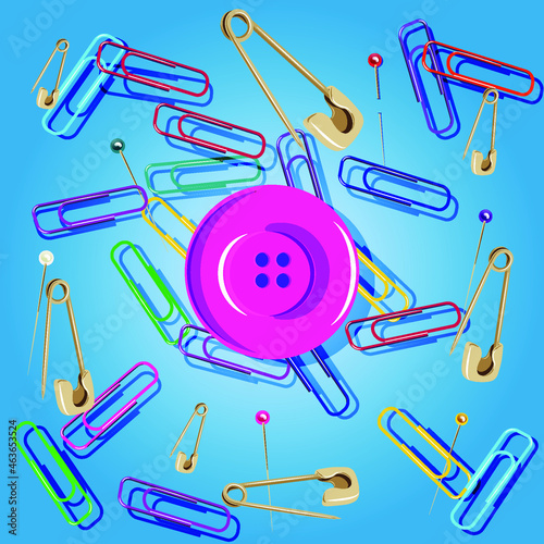 Sewing set of pins, paper clips and button