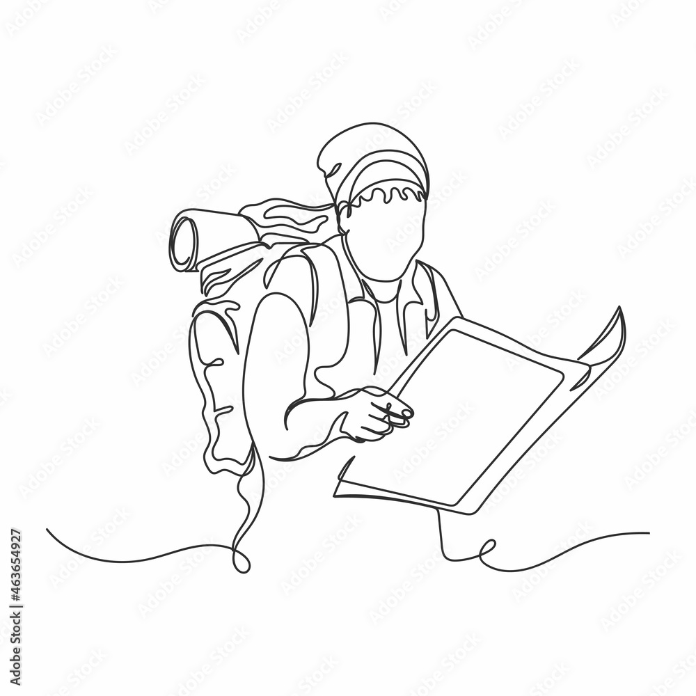 Vector continuous one single line drawing of confused hiker holding a map in silhouette on a white background. Linear stylized.
