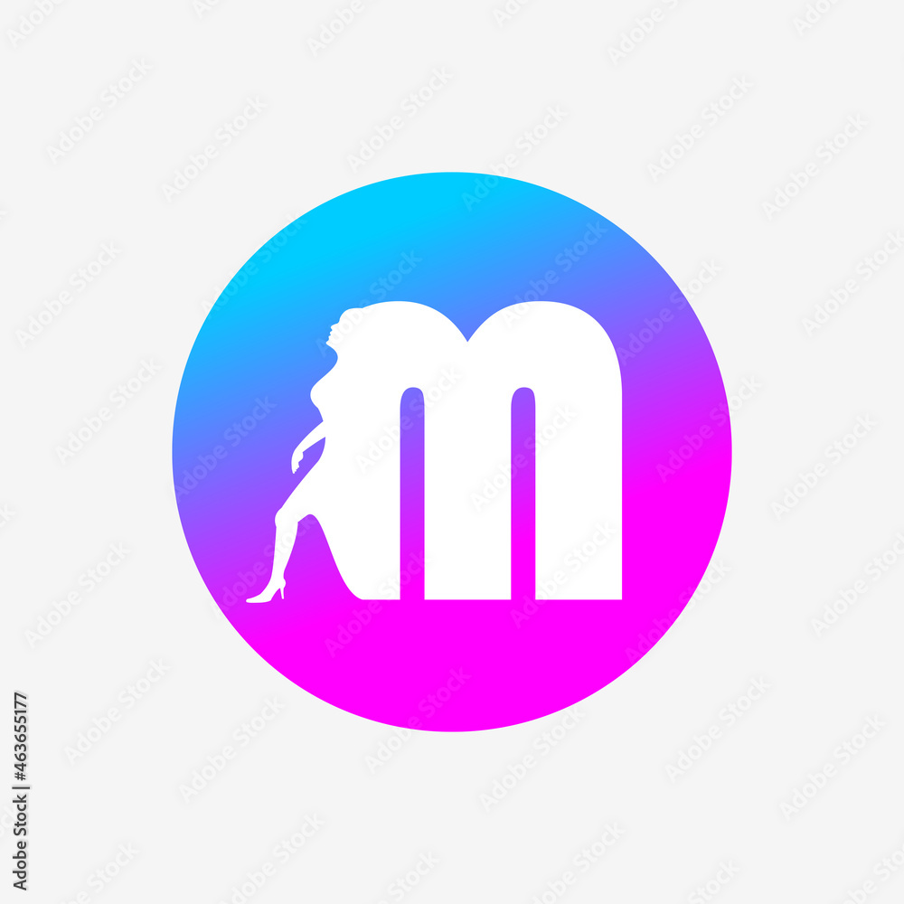 letter m logo, letter icon and walking woman in blue pink dots. creative logo icon letter m logo, letter icon and walking woman in blue pink dots. creative logo icon
