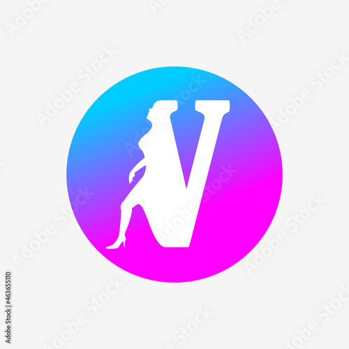 letter v logo, letter icon and walking woman in blue pink dots. creative logo icon