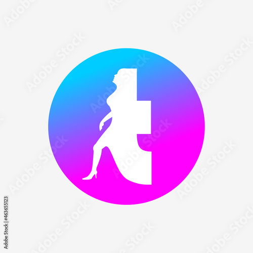 letter t logo, letter icon and walking woman in blue pink dots. creative logo icon