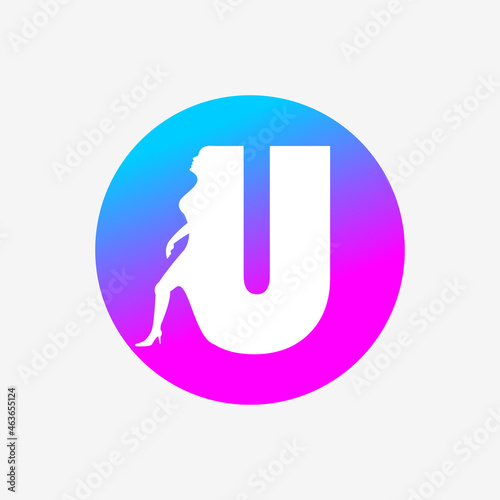 letter u logo, letter icon and walking woman in blue pink dots. creative logo icon