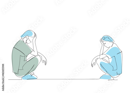 doctors who've been working too many hours With enough help from our patients. with coronavirus disease (Covid-19). continuous line drawing. minimalist