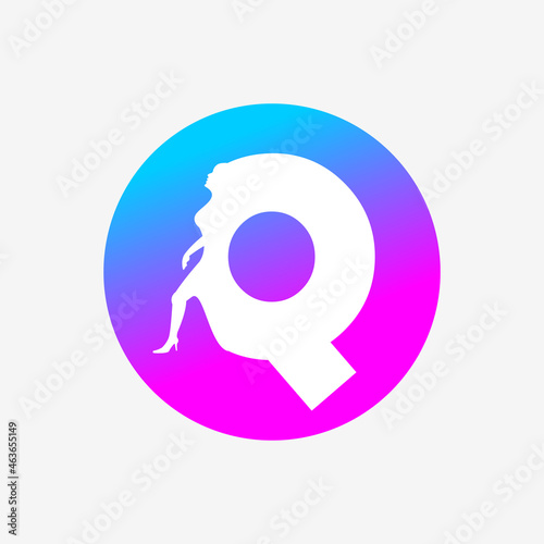 letter q logo, letter icon and walking woman in blue pink dots. creative logo icon