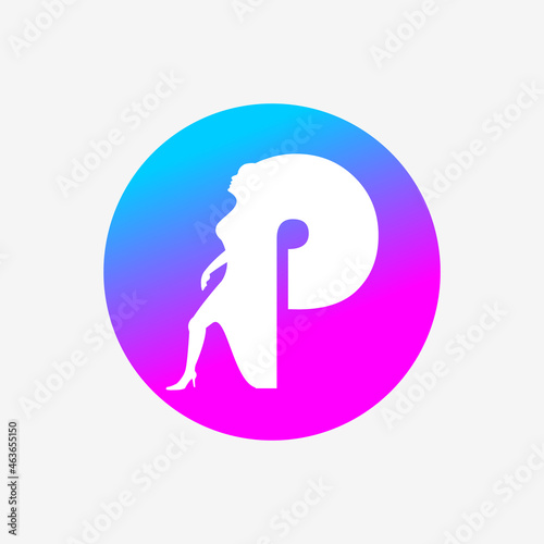 letter p logo, letter icon and walking woman in blue pink dots. creative logo icon