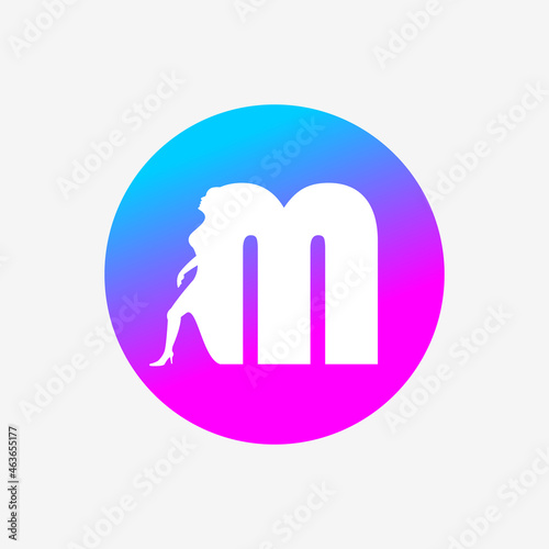 letter m logo, letter icon and walking woman in blue pink dots. creative logo icon