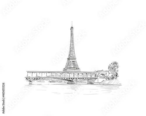 Romantic landscape view of the Eiffel Tower and Sena River. Paris  France. Urban sketch. Hand drawn vector illustration