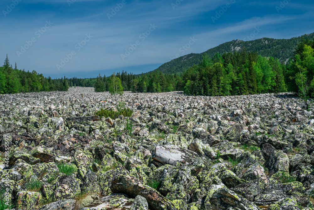 The river of rocks or Stone River. Taganay National Park in Southern Urals, Russia. The Ural mountains.